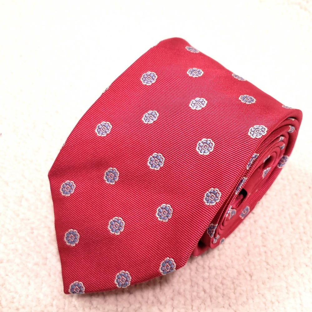Peter Millar Necktie Red Floral Medallion Silk Made in Italy Ribbed 61" Long